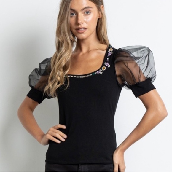 New Sheer Puff Sleeve Embellished Black Cropped Top - Picture 4 of 6